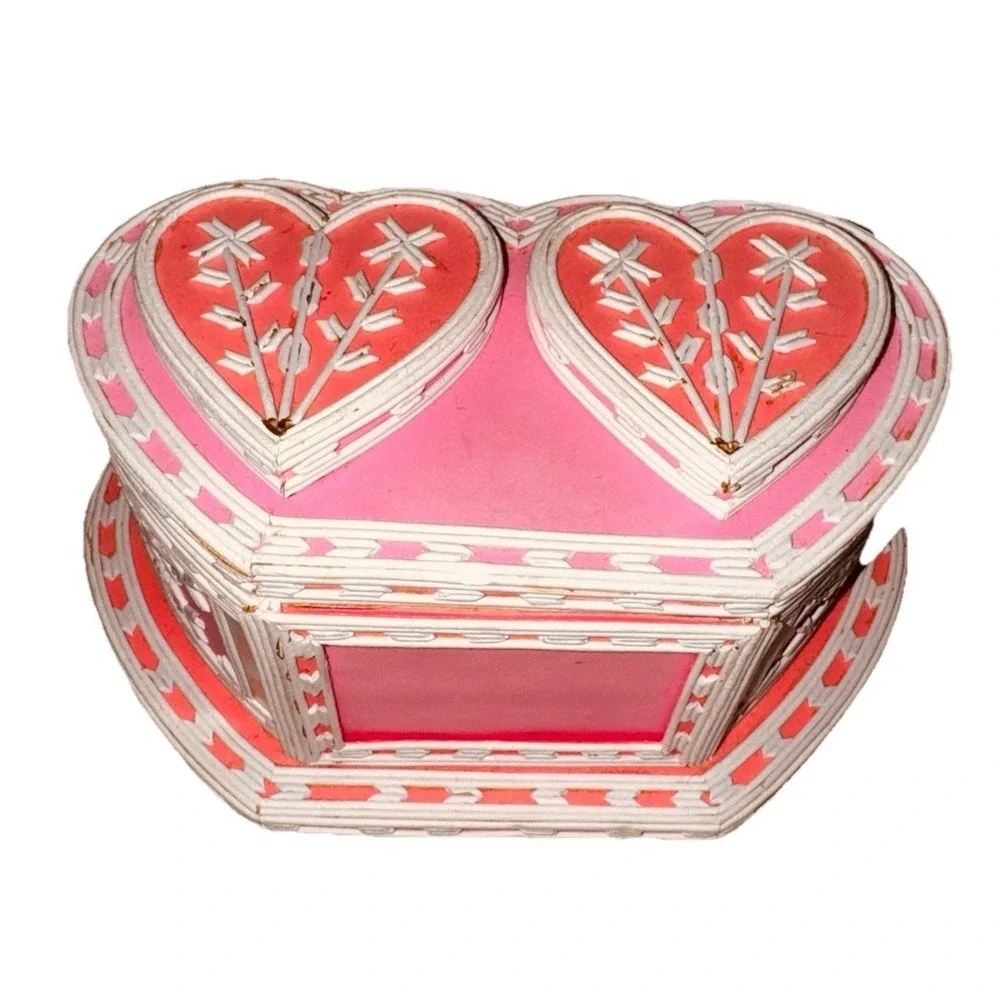 Hand Made Prison Art Heart Shaped Jewelry Box‎ Toothpicks Pink White Photo Frame